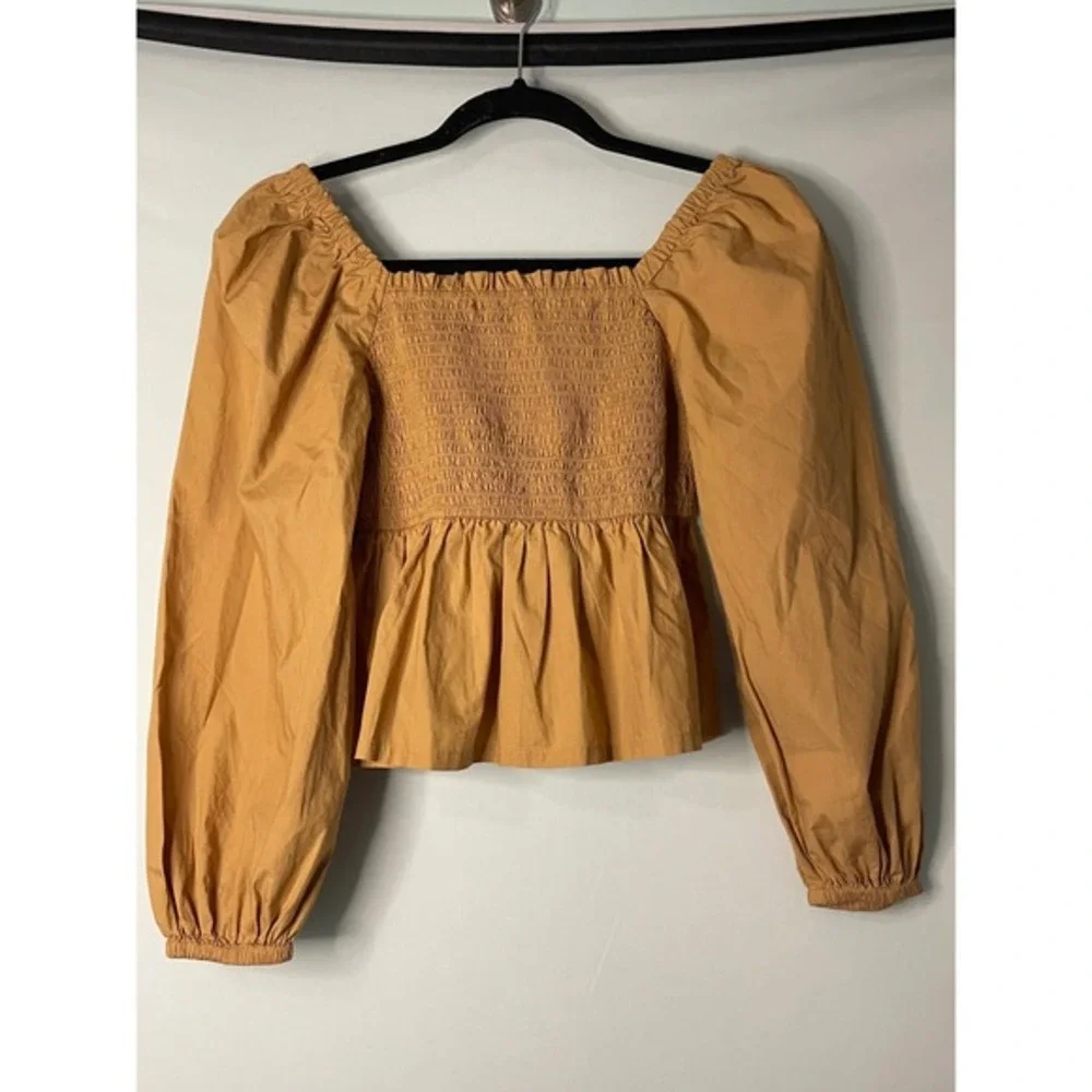 J. Crew‎ Square Neck Smocked Peplum Long Sleeve Top Camel Tan XS